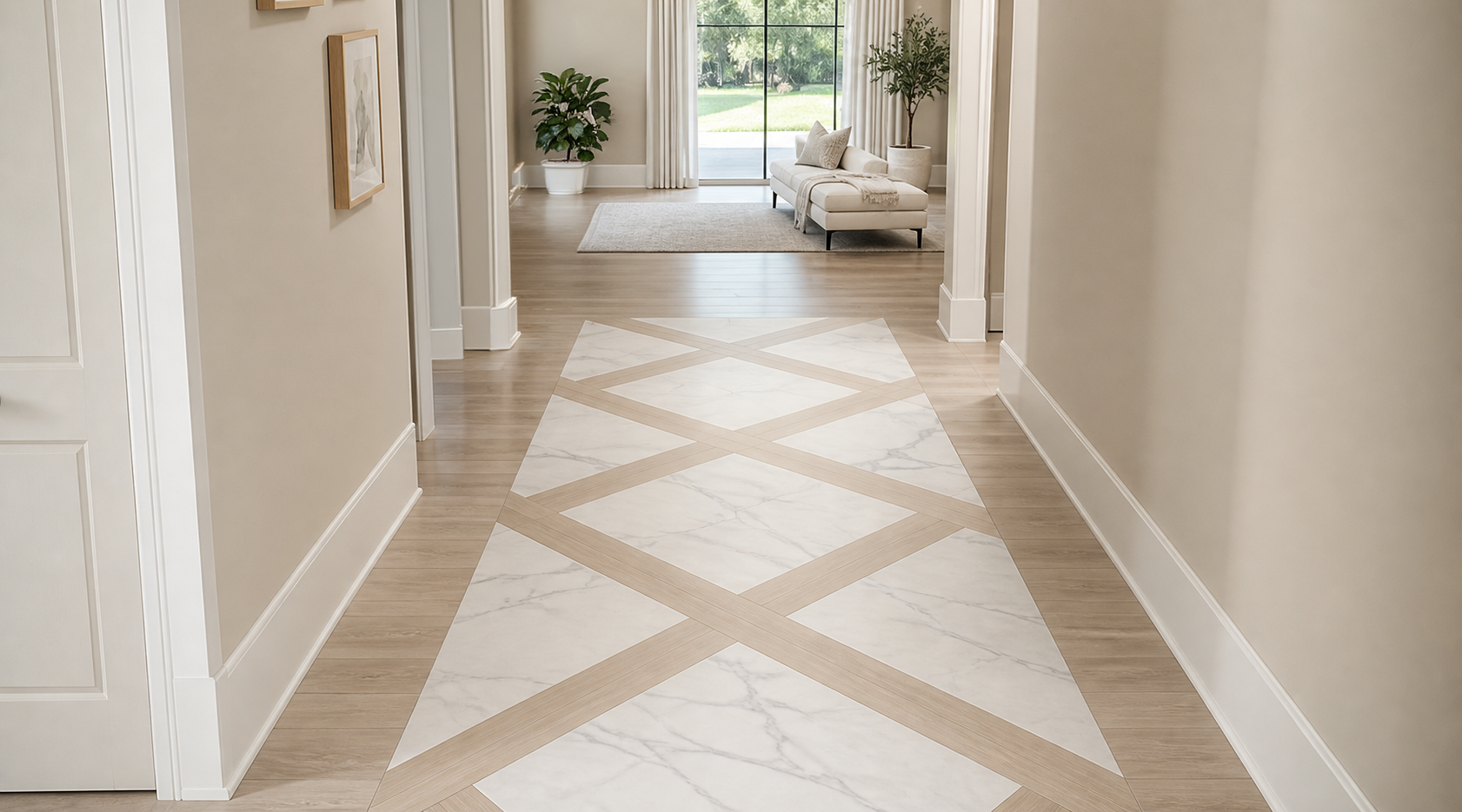 Hallway with a marble-inlay floor and light wood cross patterns leading to a sunlit living room with a white sofa and plants.