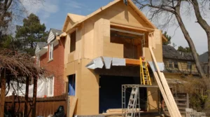 Two-story house under construction with plywood sheathing, a yellow ladder, and scaffolding in front.