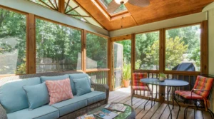 Sunlit screened porch with a blue cushioned wicker sofa, pink patterned pillow, and a round metal table with four striped chairs overlooking a green yard.