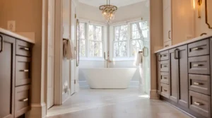 Luxurious bathroom with a white freestanding tub centered before a bay window and a chandelier overhead.